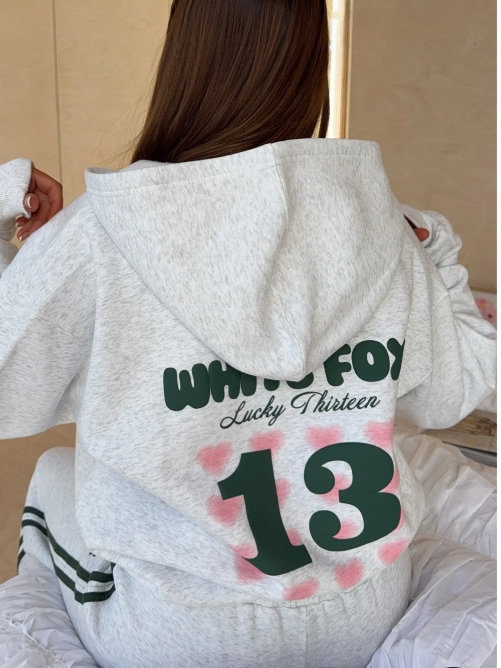 White Fox Boutique Lucky Thirteen Zip Front Hoodie in Grey/Green/Pink - NWT